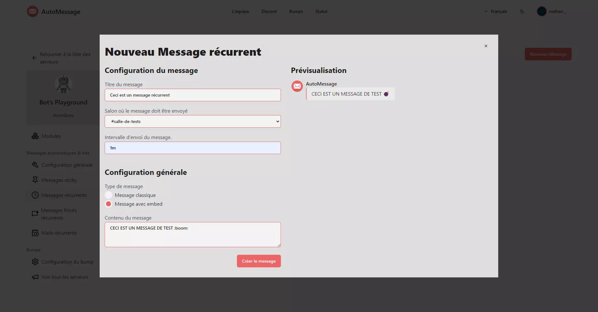 Popup permettant la création d'un nouveau message (anciennement page dédiée)