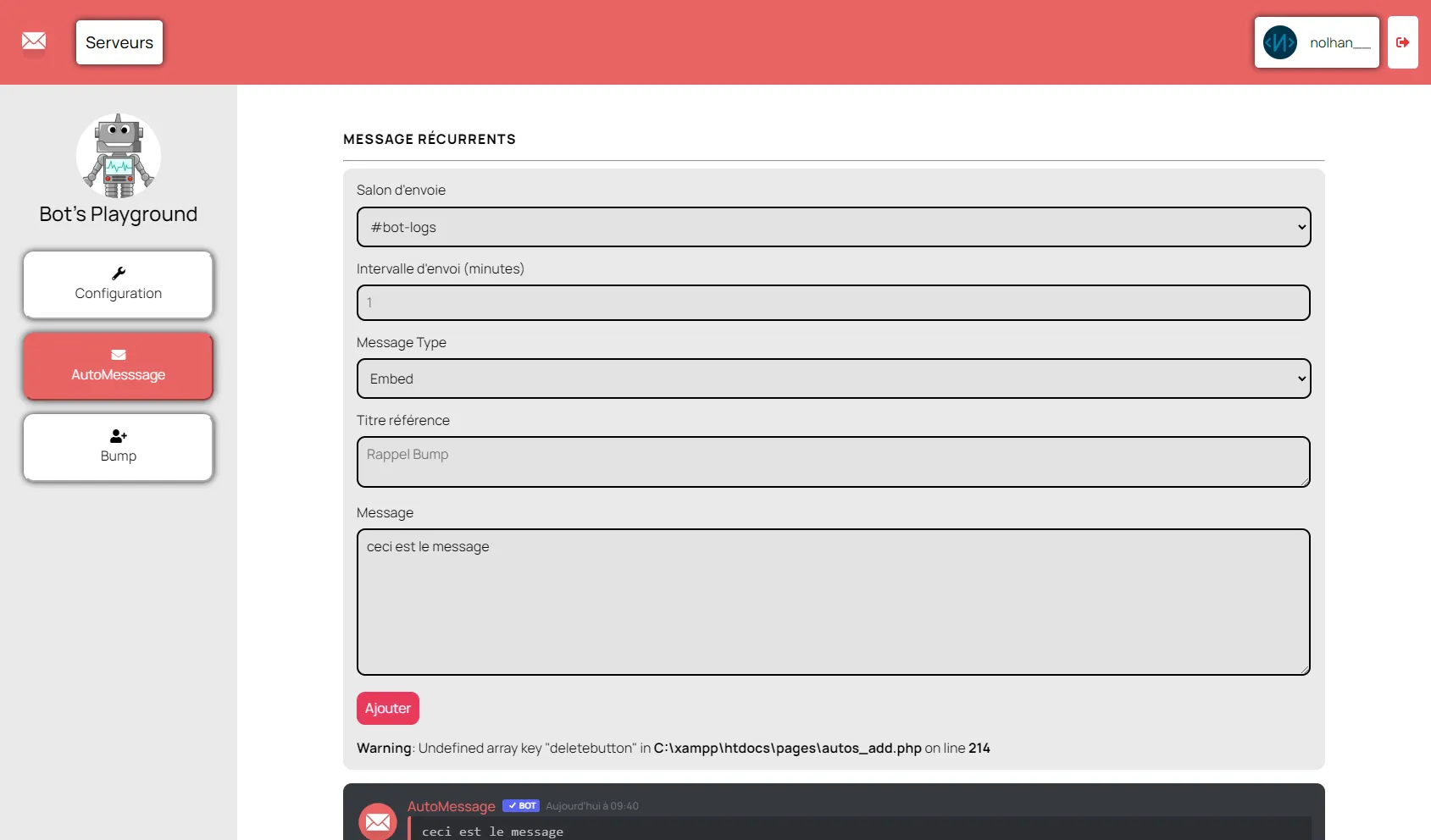 Ancienne version de la page de configuration du site automessage.fr
