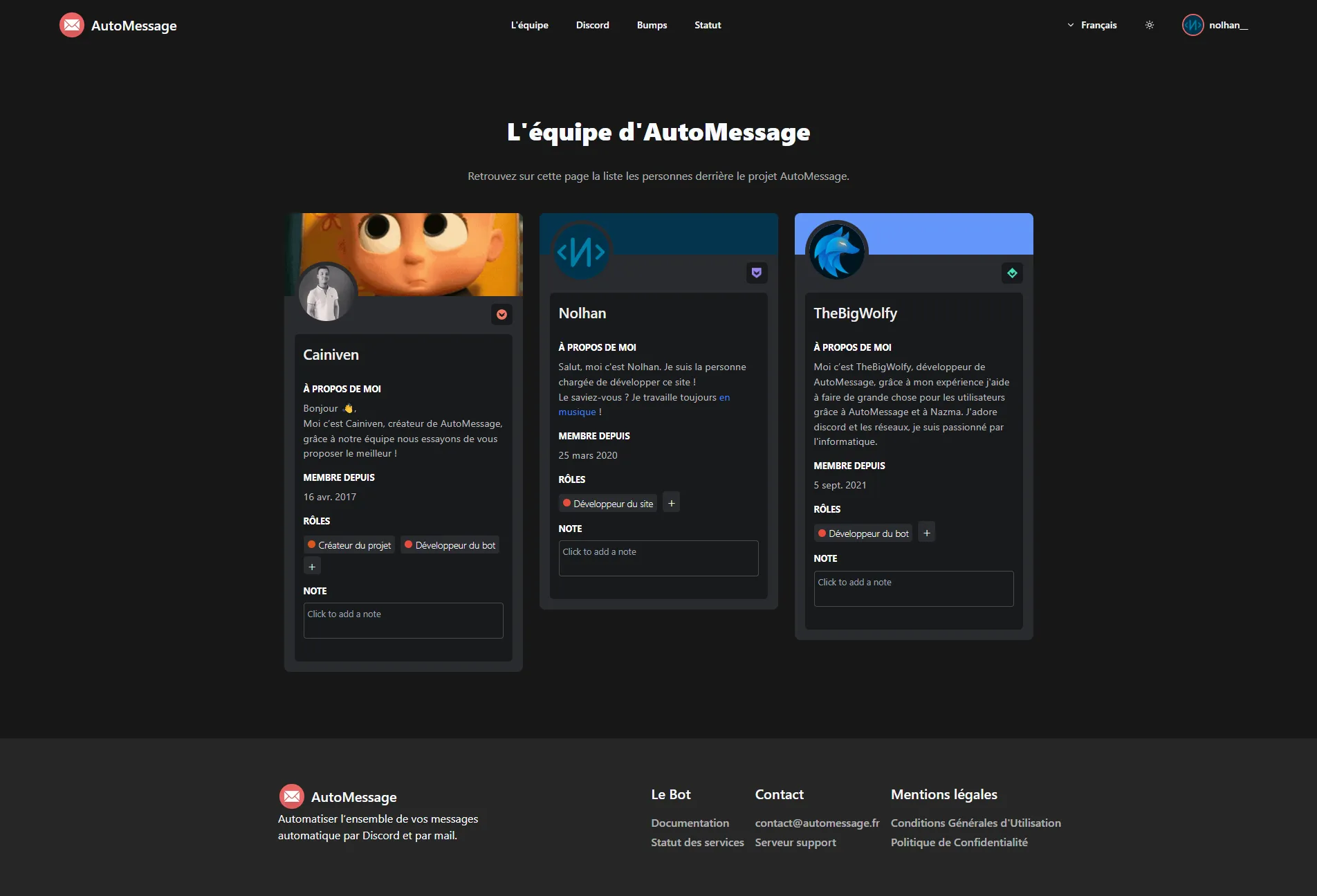 Page présentant l'équipe d'AutoMessage