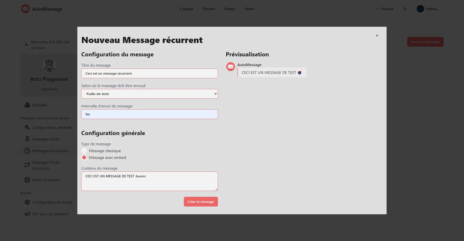 Popup permettant la création d'un nouveau message (anciennement page dédiée)